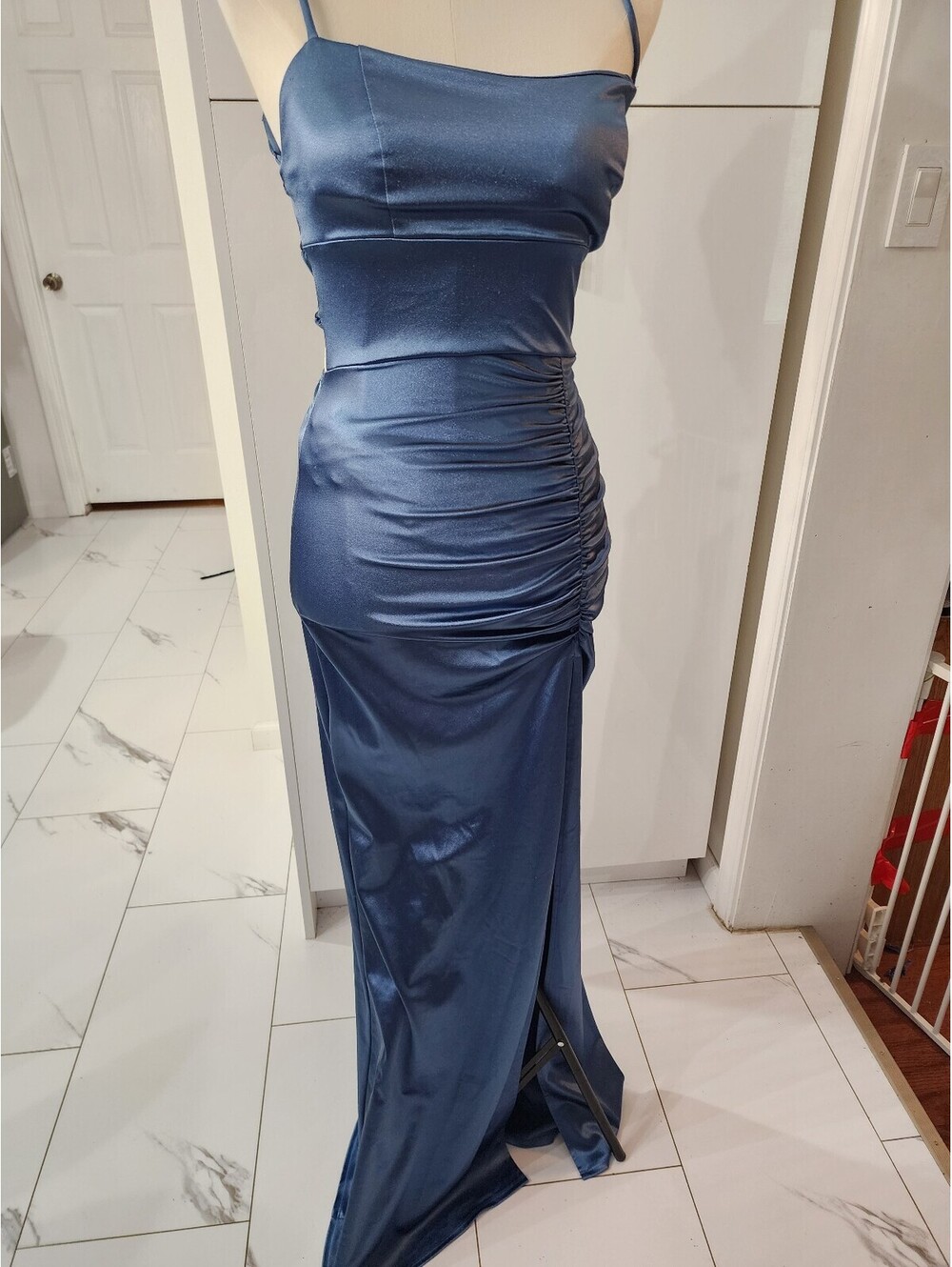 Windsor Women's Satin Navy Blue Ruched Backless Evening Gown Dress Size S